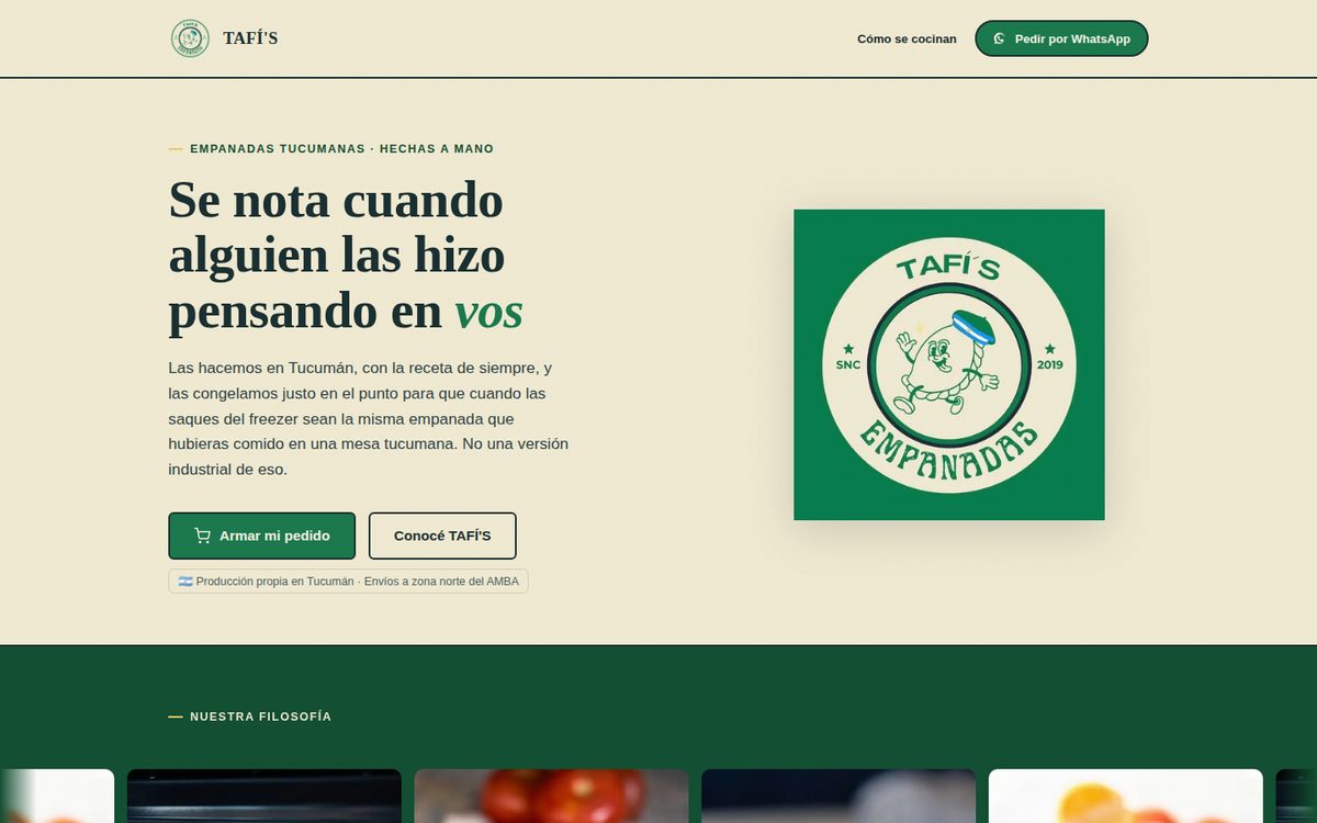 Captura de la landing page de Tafí's Empanadas
